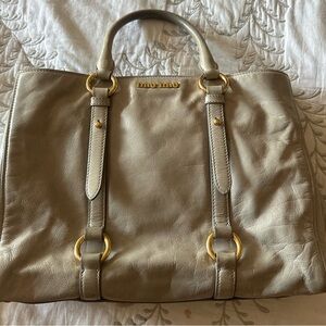Miu Miu Taupe Leather Tote with Gold Accents